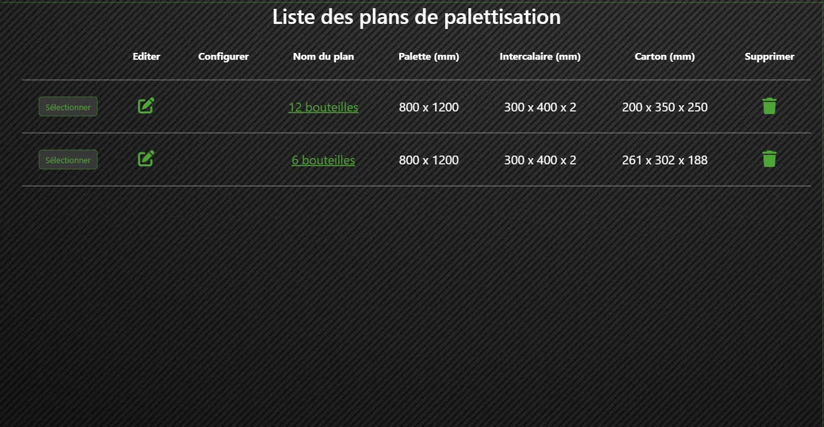 Liste de recettes de palettisation IZIPal